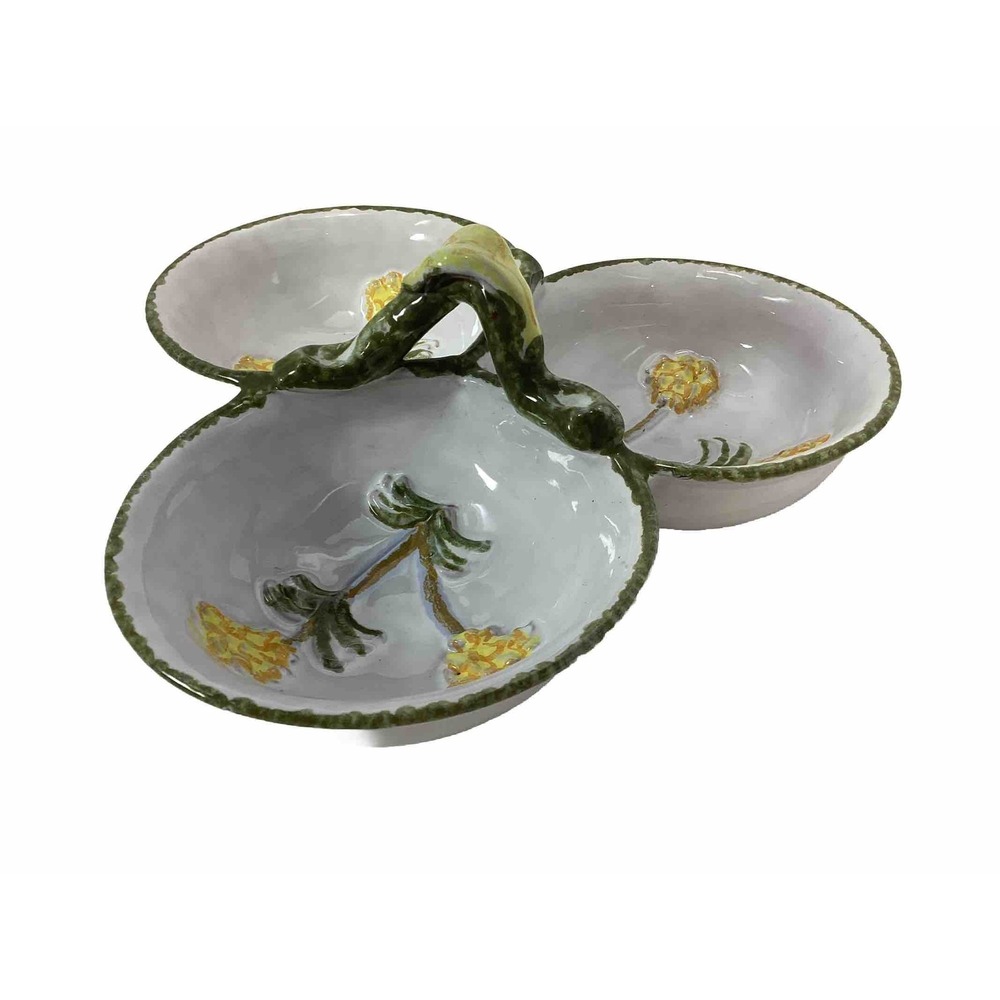 3 Section Divided Condiment Dish Green Accented Yellow Flowers With Handle Italy
